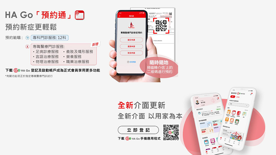 新癥病人可透過HA Go預(yù)約物理、職業(yè)、營養(yǎng)、言語及足病等6服務(wù)